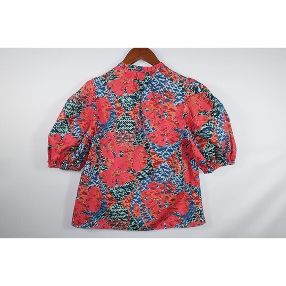 Ulla Johnson Flamingo Tillie Top Cotton Poplin Puff Sleeves Split Neck Multi 2 - Picture 9 of 11